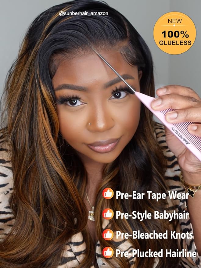 Sunber Bye Bye Knots 7x5 Lace Front Glueless Ombre Brown Highlight Body Wave Human Hair Wigs Pre Plucked Invisible Knots Pre Everything 3S Ready to Wear Highlgiht Brown Body Wave Wig 18Inch