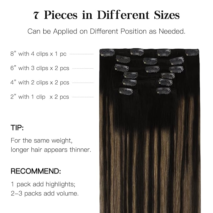 HOTBANANA Human Hair Clip in Hair Extensions, Balayage Natural Black to Chestnut Brown 120g Clip in Hair Extensions Real Human Hair Straight Remy Hair Clip Ins Dark Roots Ombre 22 Inch 7pcs