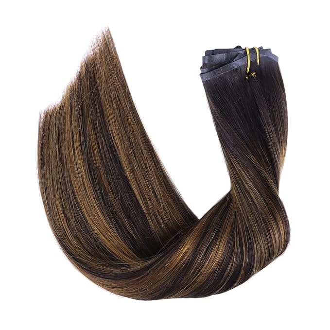 HOTBANANA Seamless Clip in Hair Extensions Balayage Dark Brown Mixed Golden Brown16 inch 130g 7pcs Clip in Remy Human Hair Extensions Straight Hair Invisible PU Skin Weft