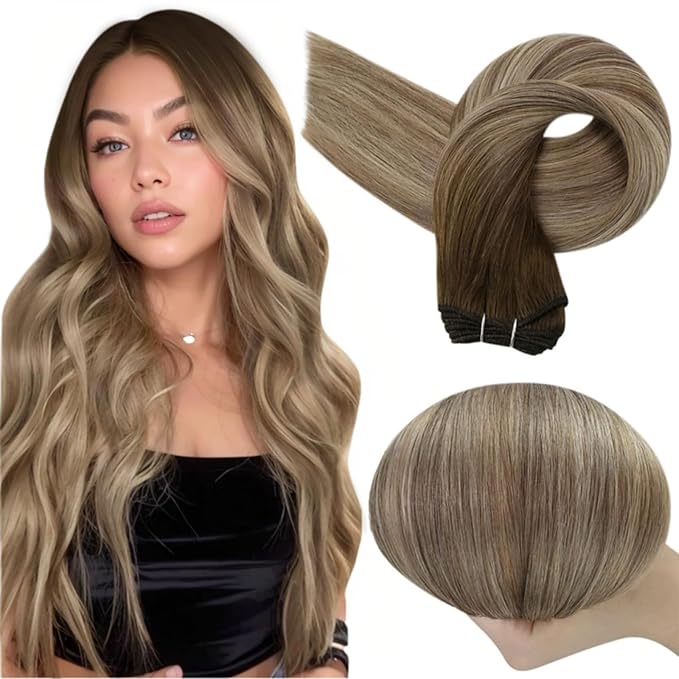 Full Shine Weft Hair Extensions Human Hair #3/8/22 Balayage Sew in Hair Extensions Real Human Hair Ombre Walnut Brown to Light Brown with Butter Blonde Sew in Weft Bundles 18 Inch 105g