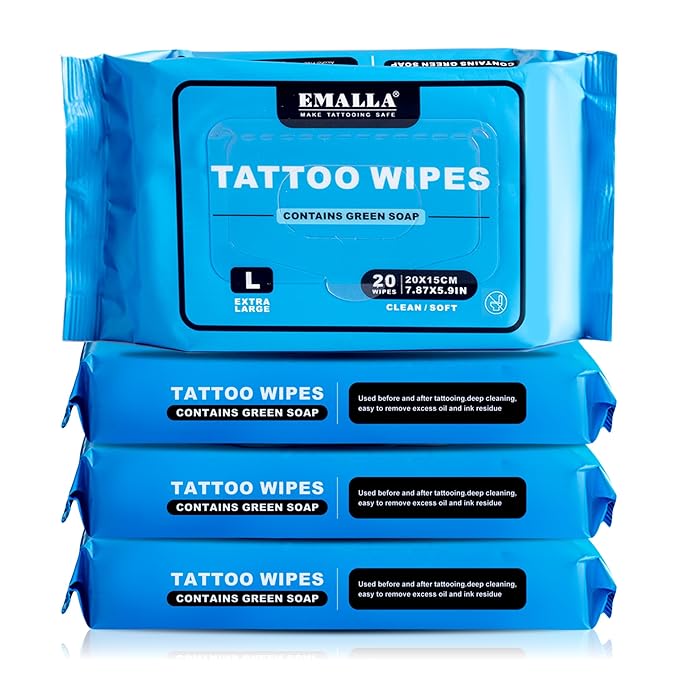 Yuelong Green Soap Tattoo Wipes 80Count L Cleaning TattooCare Wipe for During Tattooing & Aftercare Studio-Grade, Natural Formula Wipes for Tattooing, Microblading & Piercing Care (L-20Count(4 Pack))