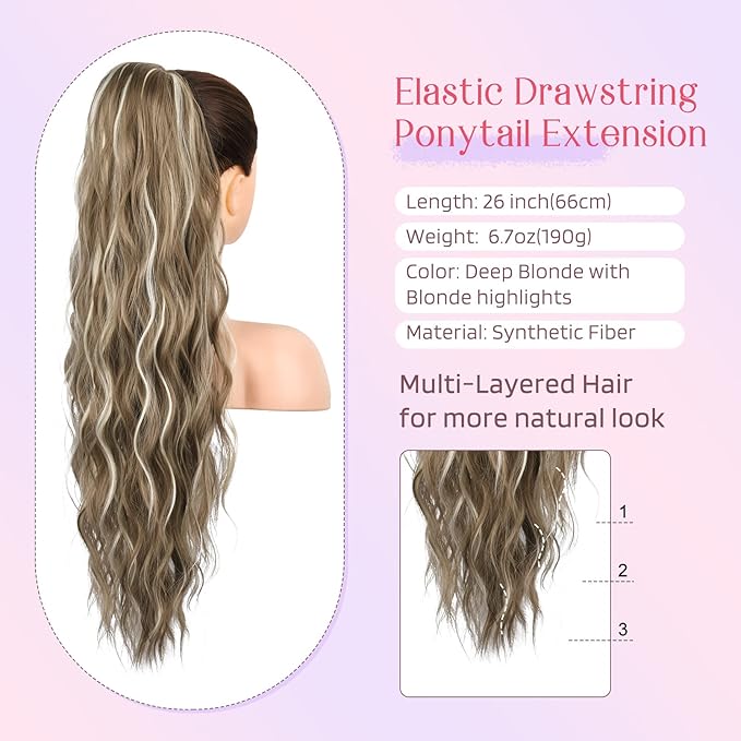 HOOJIH Ponytail Extension, Drawstring Ponytail Hair Extensions 26 Inch Long Curly Wavy Ponytail Natural Wavy Synthetic Hairpiece for Women Daily Use - Deep Blonde with Blonde highlights