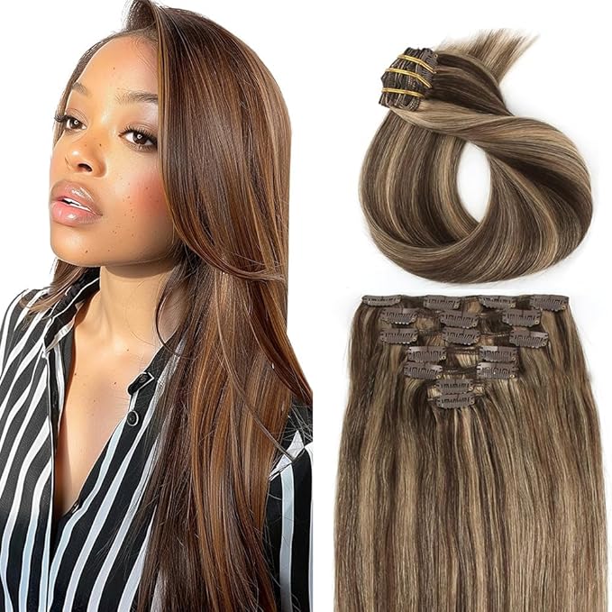 24 Inch P4/27 Blonde Clip in Hair Extensions - Real Remy Human Hair, 120g 7pcs, Highlight Blonde Human Hair Extensions Clip ins for Women