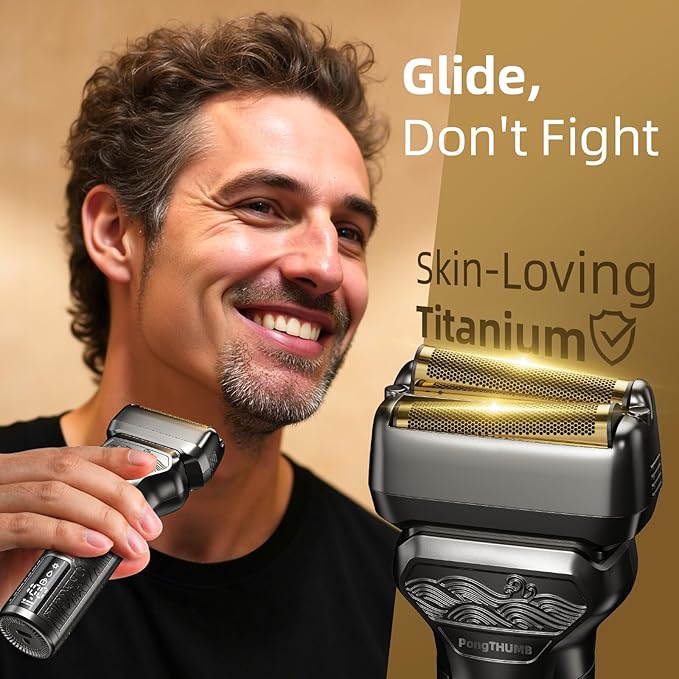 Electric Razor for Men Face: Rechargeable Foil Shaver with Push-Up Trimmer - Cordless Wet/Dry/Anti-Slip Waterproof Shavers with LED Display - Metal Handheld Design, Gray Silver Gift
