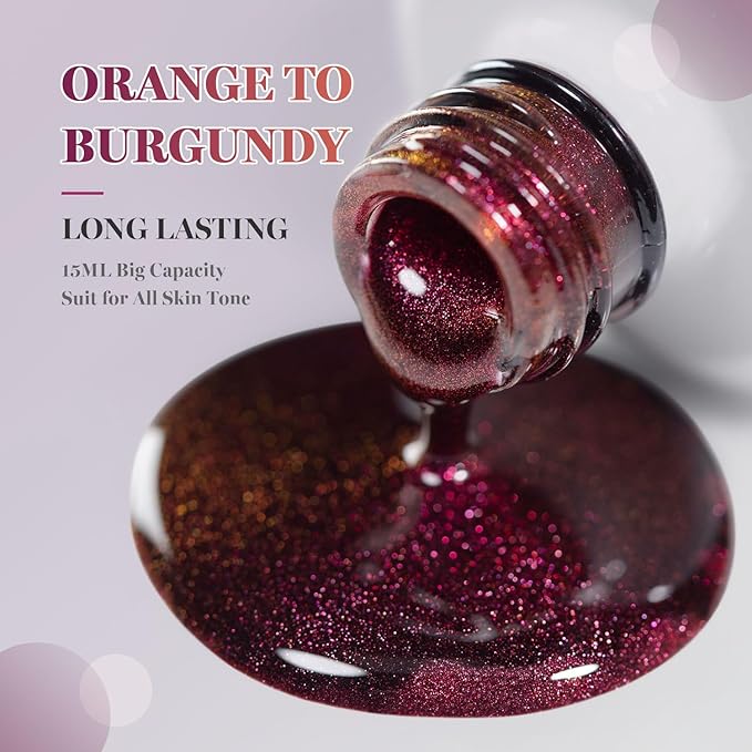 RARJSM Chameleon Gel Nail Polish Orange to Dark Purple Sparkle Shimmer Multichrome Wine Red Color Changing Gradient Glitter Chrome Gel Polish Curing Requires Soak Off DIY at Home Salon 15ml