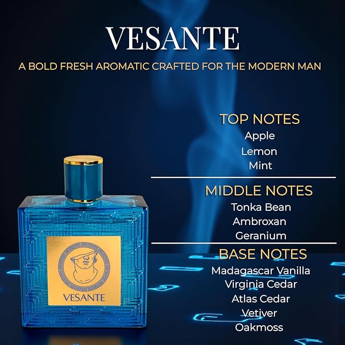 VESANTE Eau de Parfum for Men 3.4 fl oz | Fresh Aromatic Citrus & Woody Scent | Long-Lasting Masculine Cologne