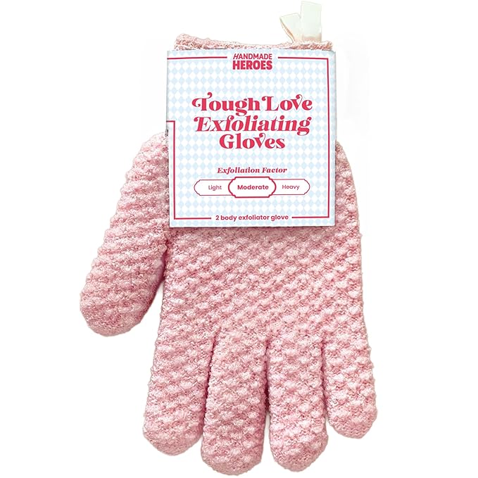 Handmade Heroes Tough Love Exfoliating Gloves – 2pc Reusable Body Scrub Washcloth Mitt for Shower, Bath & Spa, Dead Skin Remover, Ingrown Hair & Self-Tan Exfoliator, Shower Accessories for Smooth Skin