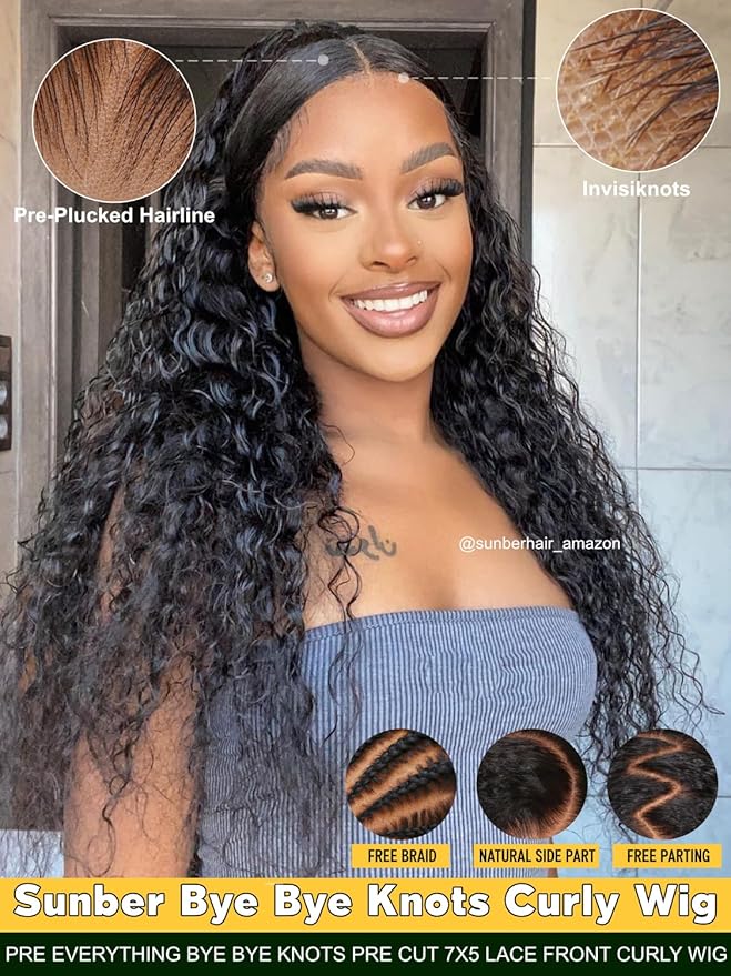 Sunber Bye Bye Knots Curly Glueless Human Hair Wig Pre cut 7x5 HD Lace Front Put On Go 3S Wear Pre Bleached Invisible Knots 150% Density Pre Plucked with Baby Hair 22Inch Pre Everything Curly Wigs