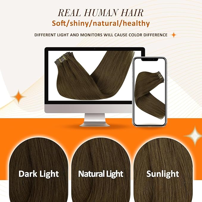 Full Shine Seamless Hair Extensions Clip in Brown Clip in Hair Extensions Medium Brown Human Hair Clip ins PU Weft Long Hair Add Volume 20 Inch 8 PCS 120 G