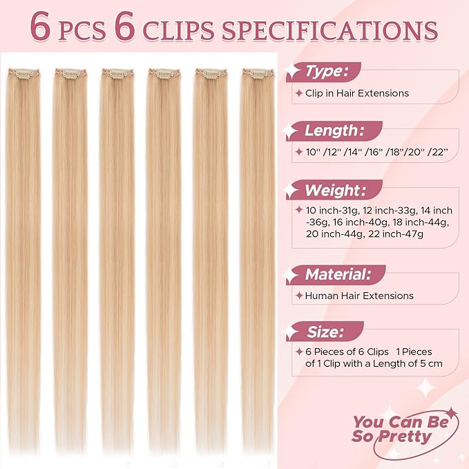 Clip in Hair Extensions Real Human Hair for Women, 12 Inch 33g 6pcs, Ash Blonde Mix Bleach Blonde, Straight - Highlight, Add Volume and Length for Daily Wear, Parties, Weddings