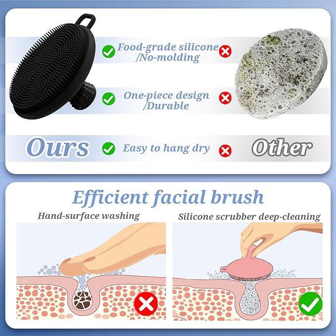 Silicone Back Body Face Scrubbers Set 4PCS, 15.35’’ Back Scrubber Soft Body Scrubber for Dual-Side Usage, Easy-to-Hold Soft Bath Glove & Face Scrubber for Good Foaming Deep Cleaning(Black)