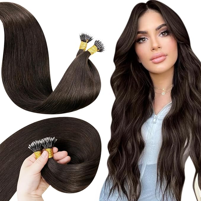 LaaVoo Nano Bead Hair Extensions Human Hair Brown Nano Hair Extensions Human Hair 16 Inch Darkest Brown 50g 50s