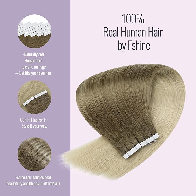 Fshine Tape in Human Hair Ombre 18 Inch Ash Brown Fading to Platinum Blonde Tape in Human Hair Extensions 20pcs 50g Straight Natural Silky Remy Hair Straight Hair Extensions for Women