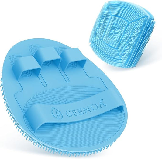 Soft Silicone Bath Glove & Face Scrubber Set 2PCS, 360° Anti-Slip & Hand-fit Body Scrubber for Rich Foaming Deep Cleaning, Unique Facial Scrubber with Side-bristles for Contoured Areas.(Blue)