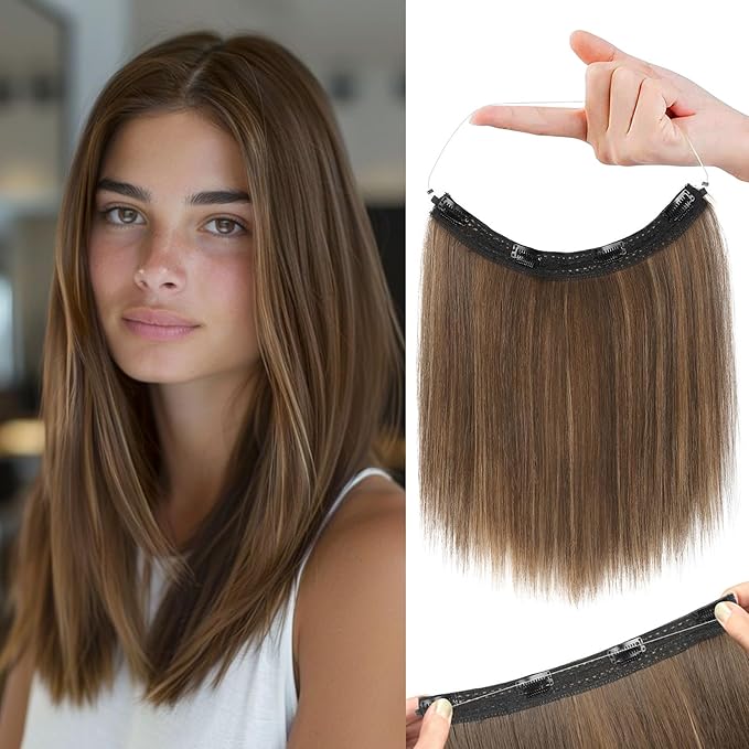 REECHO 12" Invisible Wire Hair Extensions with Thinner Softer Lace Weft Adjustable Size Removable Secure Clips in Short Straight Secret Hairpiece for Women (Medium Brown with Highlights)