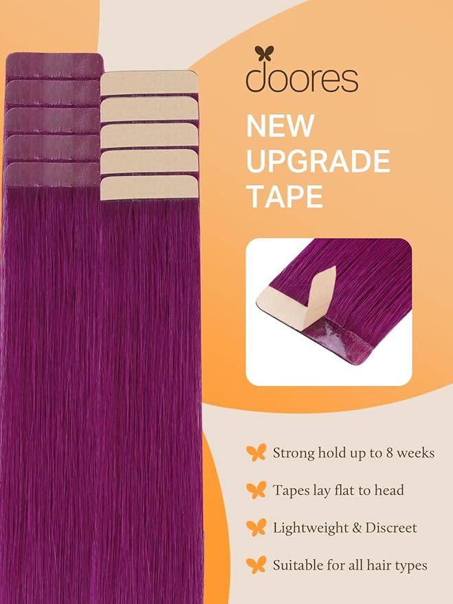 DOORES Tape in Human Hair Extensions - Violet 18 Inch 25g 10pcs, Remy Straight Skin Weft Double Side Tape