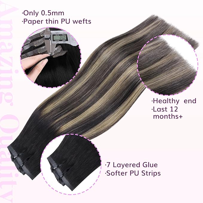 IDN BEAUTY Seamless Clip In Hair Extensions Human Hair, Straight 110g 20 Inch, 1B/19/1B Natural Black to Light Blonde Remy Hair Seamless Clip Ins For Black Women PU Weft Invisible Edge 7pcs