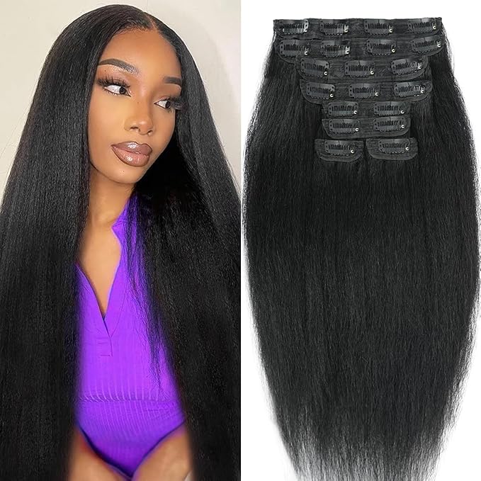 Kinky Straight Clip ins 8Pcs 110g 20 Inch Kinky Straight Clip in Hair Extensions Real Human Hair Brazilian Remy Human Hair Extensions for Women Per Set with 20 Clips Double Weft Natural Black