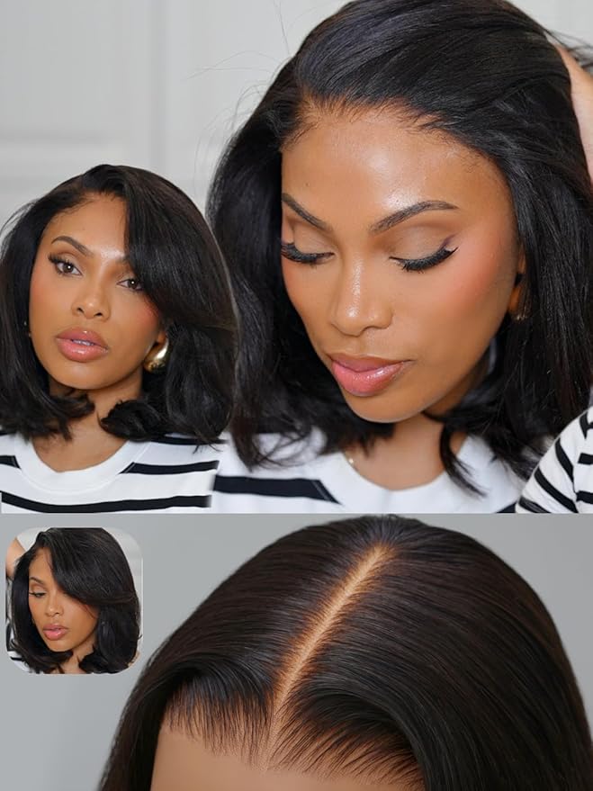 Nadula Bye Bye Knots Yaki Straight Bob Glueless Wig Pre Cut/Plucked/Bleached 7x5 Lace Front Wigs Human Hair Invisible Knots Pre Everything 3S Ready to Go Short Yaki Bob Wigs 150% Density 14inch