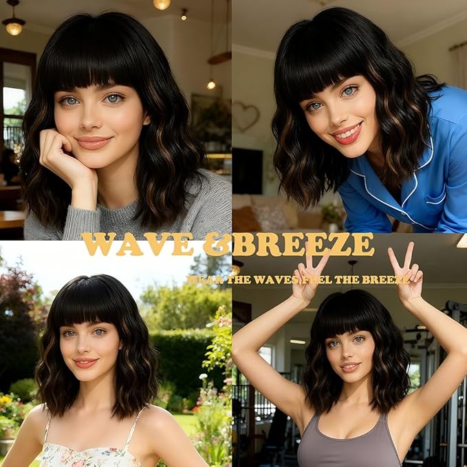WAVE&BREEZE Black Mixed Brown Highlights Wigs for Black Women Short Wavy Curly Wig With Bangs Natural Looking Synthetic Hair Wigs Heat Resistant Fiber Wig for Daily Party