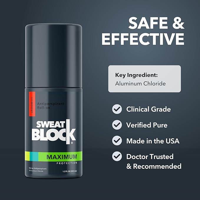 SweatBlock Antiperspirant Deodorant System | MAXIMUM CLINICAL STRENGTH for Men & Women | Hyperhidrosis Aid for up to 7 Days Sweat Control | Roll On 1.2 fl oz + Coconut & Vanilla Deo Stick 2.7oz