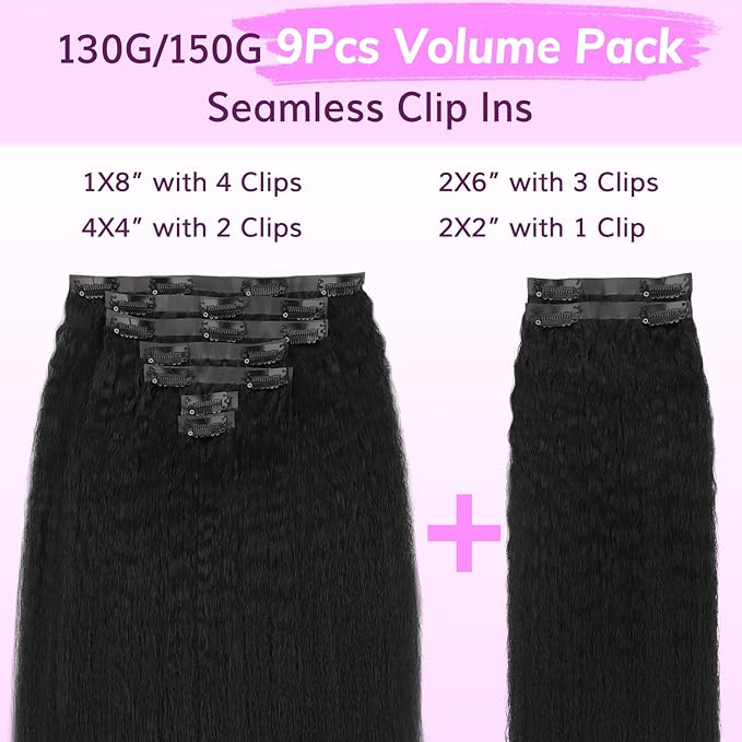 IDN BEAUTY Seamless Clip In Hair Extensions Human Hair, Kinky Straight 18 Inch 130g 9pcs Natural Black Remy Virgin Human Hair Seamless Clip Ins For Black Women PU Weft Invisible Edge