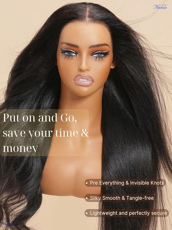 Nadula Bye Bye Knots Yaki Straight Glueless Wig Human Hair with Elastic Drawstring Pre Cut 7x5 Invisible Knots HD Lace Front Put on and Go Wigs Pre Everything Glueless Light Kinky Staight Wigs 20inch