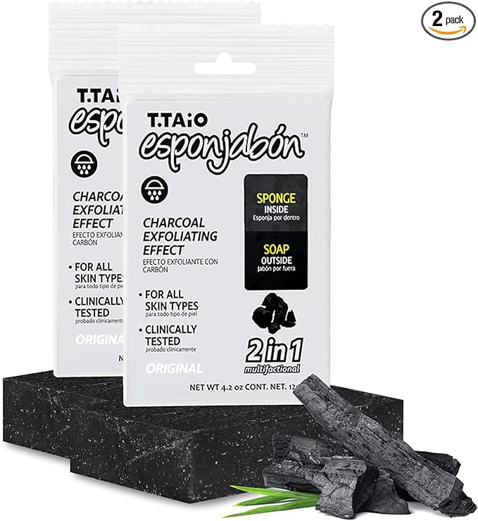 T.Taio Esponjabon Charcoal Soap Sponge - Cleansing Shower Scrubber - Cleaning Bath Wash Scrub - Oil Removal - Massage & Lather Foot, Elbow, & Face - Bathroom Accessories - Charcoal - 2 Pack