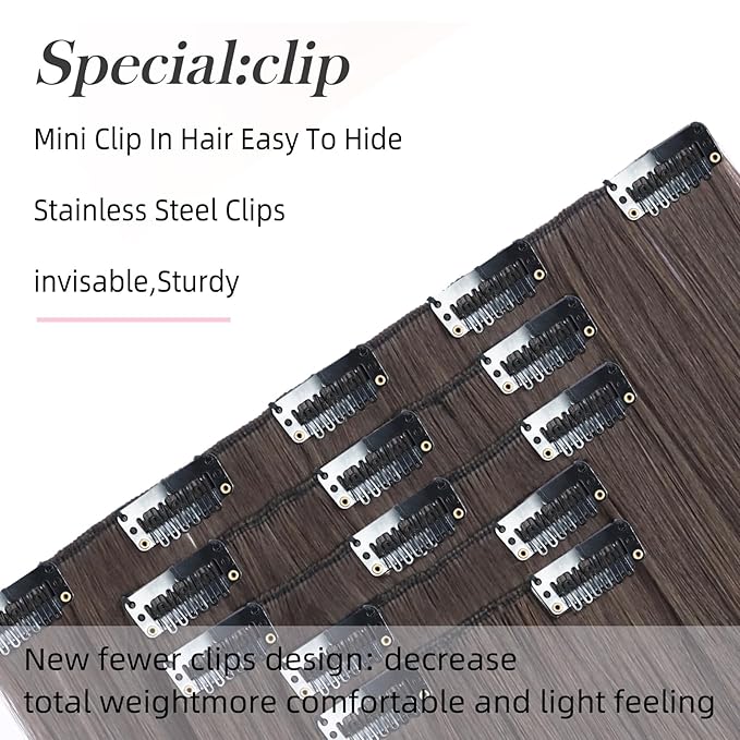 Dark Brown Clip in Extensions 18 Inch Invisible Long Synthetic Extension 5PCS Straight Fake Soft and Not Easily Knotted Clips on Hair Pieces for Women Grils Weddings Party Daily Use 6.5 Oz