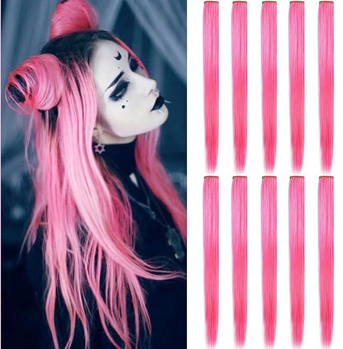 Rhyme 9PCS 21" Colored Clip in Hair Extensions Pink Hair Extensions for Kids Girls Hair Clips Straight Fashion Hairpieces for Party Highlights Hair Accessories (Pink)