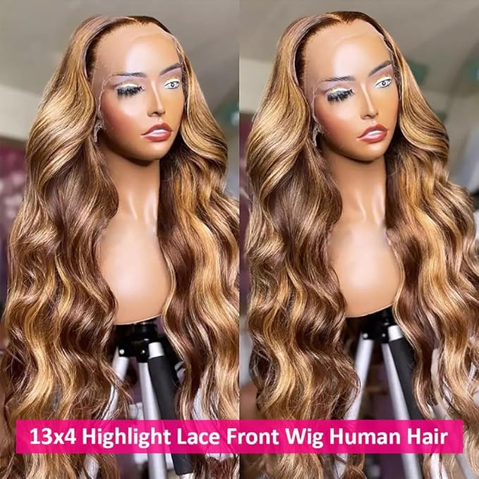 Pizazz 13x4 Ombre Highlight Lace Front Wigs Human Hair with Baby Hair 180 Density 4/27 Honey Blonde Body Wave Frontal Wigs Human Hair 26 Inch