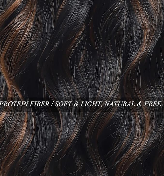 WAVE&BREEZE Black Mixed Brown Highlights Wigs for Black Women Short Wavy Curly Wig With Bangs Natural Looking Synthetic Hair Wigs Heat Resistant Fiber Wig for Daily Party