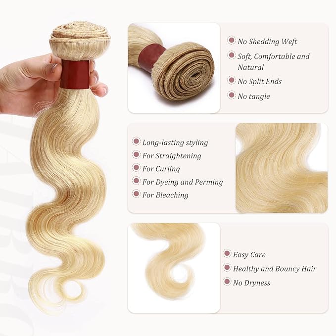 Hairro Sew in Hair Extensions Real Human Hair, 100g/bundle Weave Weft for Women Adding Volume and Length, for DIY Beauty Dating Party, 18 Inch One Bundle Body Wave #613 Bleach Blonde