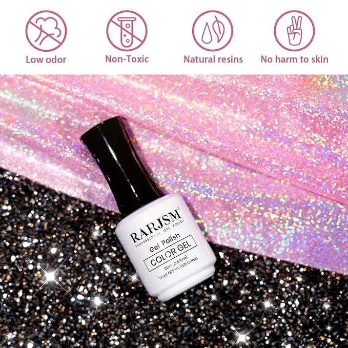 RARJSM Reflective Glitter Gel Nail Polish Nude Jelly Purple Pink Sheer Gel Polish Flash Diamond Sparkle Rainbow Silver Shimmer Soak off Curing Requires 15ml Single Bottle for Home Salon Manicure