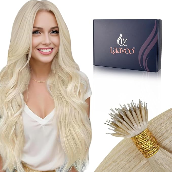 LaaVoo Nano Bead Hair Extensions Human Hair Bleach Blonde Nano Human Hair Extensions Cold Fusion Nano Hair Extension Real Straiht 50s 50g 20 Inch
