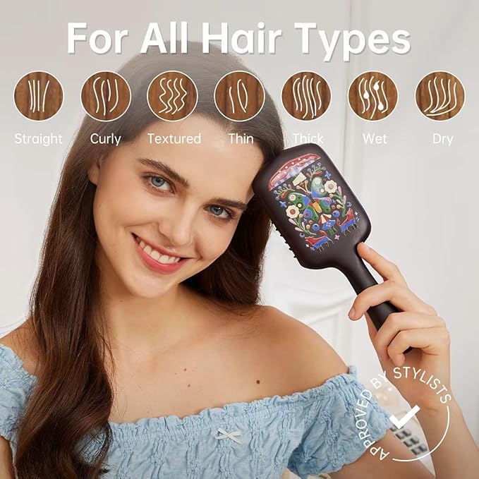 Simetra Wooden Paddle Hair Brush for Women & Men, Solid Wood Teeth for Scalp Massage, Detangling Brush for Wet & Curly Hair (Butterfly Pattern)