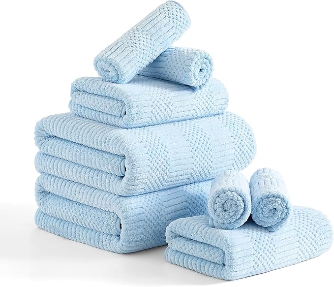 8 Piece Bath Towel Set-2 Oversized Bath Sheets(35"x70"),2 Hand Towels,4 Washcloths-Extra Large Microfiber Towel Sets,Less Lint Highly Absorbent & Quick Dry Bath Towels for Bathroom Gym Pool,Blue