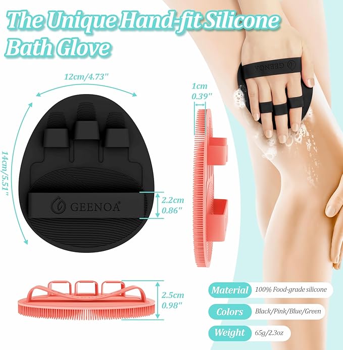 Soft Silicone Bath Gloves 4PCS, 360° Anti-Slip & Enlarged Silicone Body Scrubber for Rich Foaming Deep Cleaning, Revolutionary No-Grip & Hand-fit Shower Scrubber for All Skin Types.(4-Color)