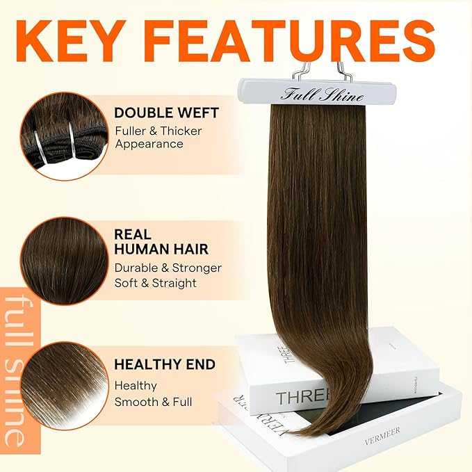 Full Shine Hair Extensions Sew In Color Medium Brown Weft Hair Extensions Human Hair Sew In Extensions Real Hair Weft Extensions Double Weft Extensions For Women 50G 10 Inch