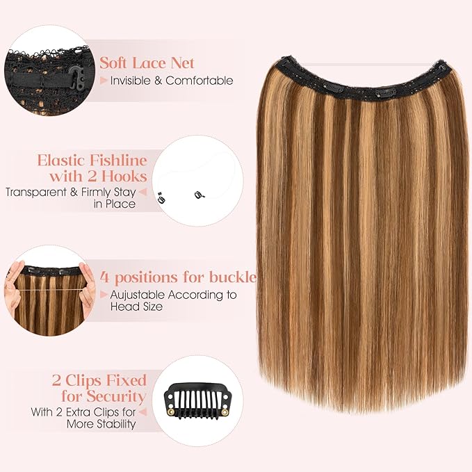 Hairro Wire Hair Extensions Human Hair, Fish Line Invisible Adjustable & Clips in Extensions Straight, 100% Real Hairpieces Seamless Blending for Women, 16 Inch 80g Medium Brown Mix Dark Blonde