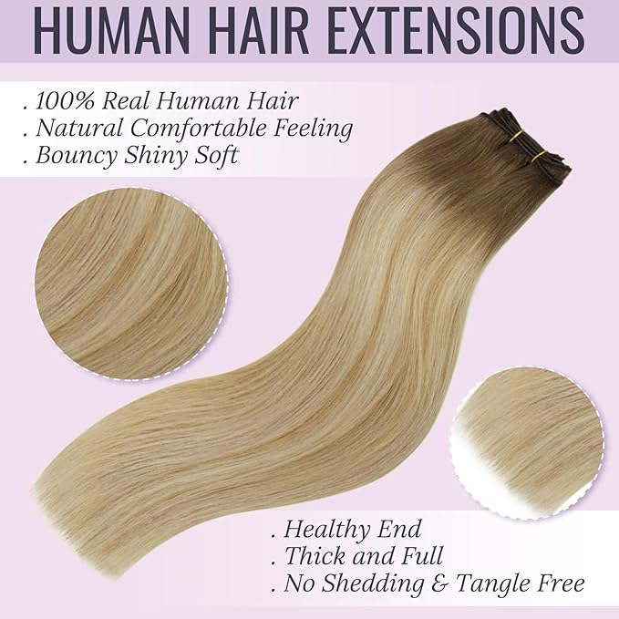 Fshine Sew in Weft Hair Extensions Human Hair Color Chestnut Brown Fading To Honey Blonde Mix Platinum Blonde Natural Hair Extensions 18 Inch Brazilian 100g Remy Hair for Women
