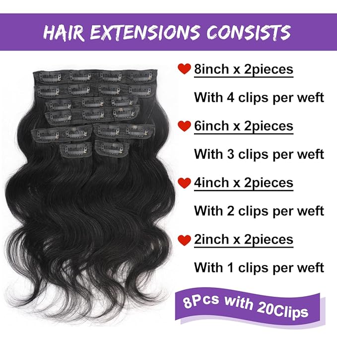 Body Wave Brazilian Clip in Hair Extensions Human Hair 8Pcs Remy Hair Extensions Clip ins for Black Women with 20 Clips 110g (22 Inch, Natural Black)