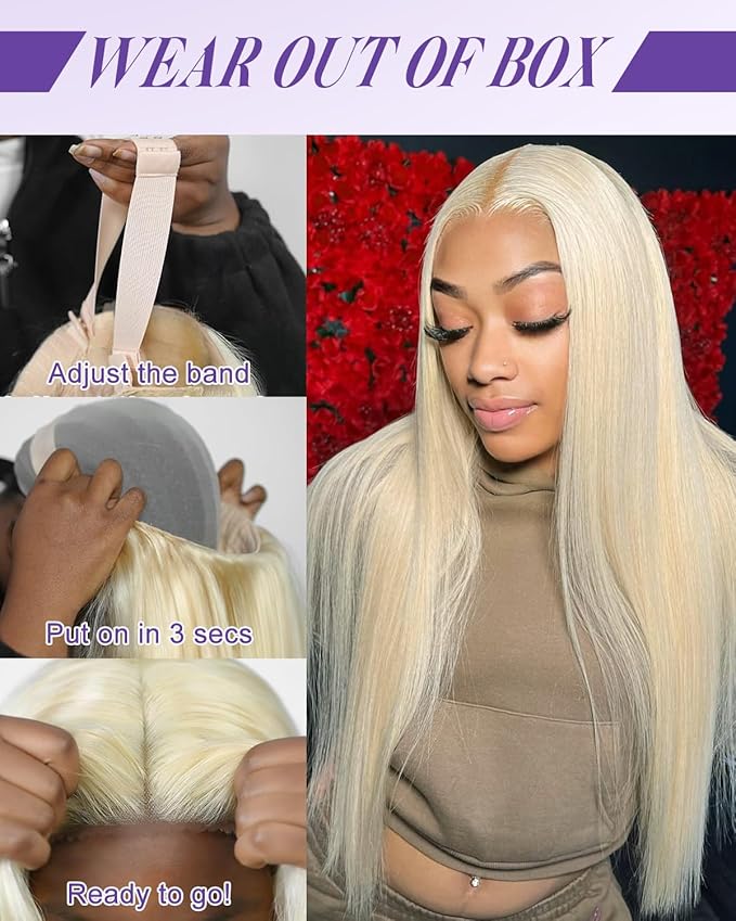 613 Lace Front Wig Human Hair 180% Density Wear and Go Glueless Wigs Human Hair Blonde Wig Human Hair Pre cut Lace Pre Plucked Real Bleached Knots (22inch,9X6 Straight Wig)