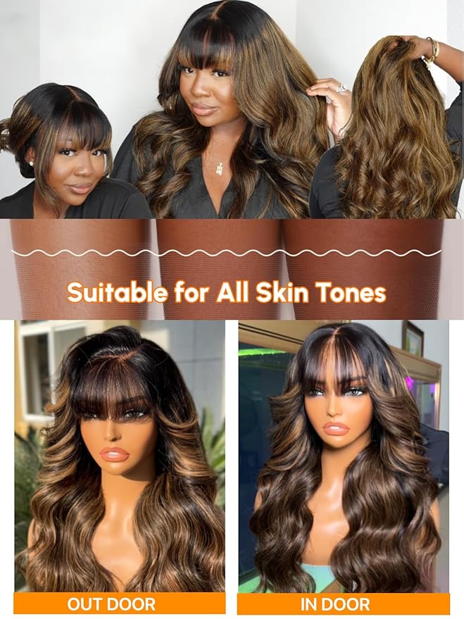 Julia Hair Pre Everything Glueless 13x4 HD Lace Front Wigs Human Hair Pre Plucked Pre Cut Balayage Highlight Body Wave Curtain Bangs Bye Bye Knots Drawstring Wigs Ready to Wear Frontal Wig 24 Inch
