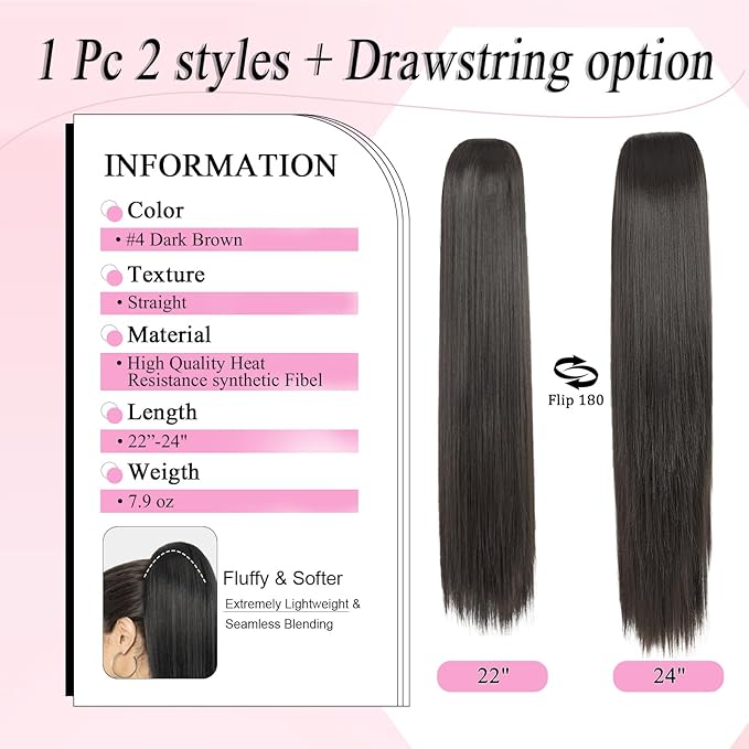 Ponytail Extension, 24" Long Straight Claw Clip Ponytail Extension clip on ponytails hair clip Hair claw clip Fake Ponytail Hairpieces for Women - Dark Brown