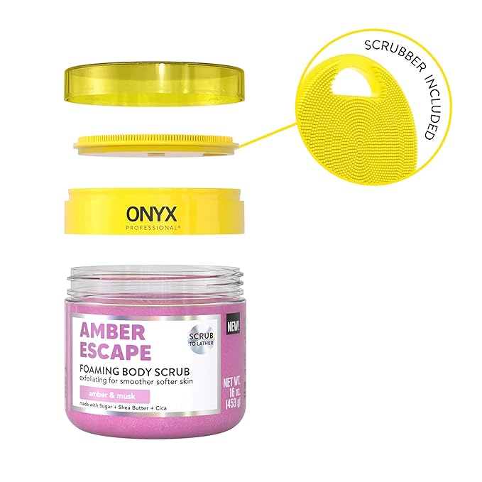 Onyx Professional Foaming Body Scrub With Brush, Amber Escape, 16oz, 2pk - Sugar Scrub Made with Sugar, Shea Butter and Cica, Includes Built-in Scrubber