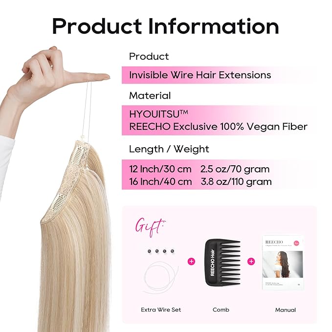 REECHO 16" Invisible Wire Hair Extensions with Thinner Softer Lace Weft Adjustable Size Removable Secure Clips in Short Straight Secret Hairpiece for Women - Honey Blonde with Highlights