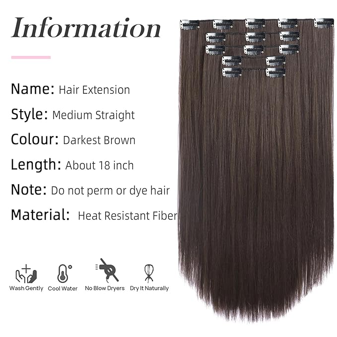 Dark Brown Clip in Extensions 18 Inch Invisible Long Synthetic Extension 5PCS Straight Fake Soft and Not Easily Knotted Clips on Hair Pieces for Women Grils Weddings Party Daily Use 6.5 Oz