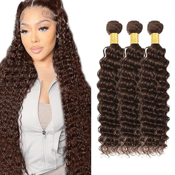30 32 34 inch #4 Human Hair Bundles Dark Brown Deep Wave Bundle Chocolate Brown Wet and Wavy Bundles Long Hair