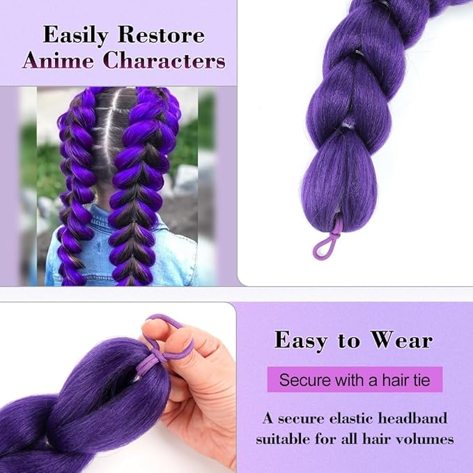 24 inch Purple Braids Ponytail Hair Pre Braiding Hair with Tie Synthetic Purple Hair Extensions for Halloween Costume Cosplay（24inch Braids Ponytail）